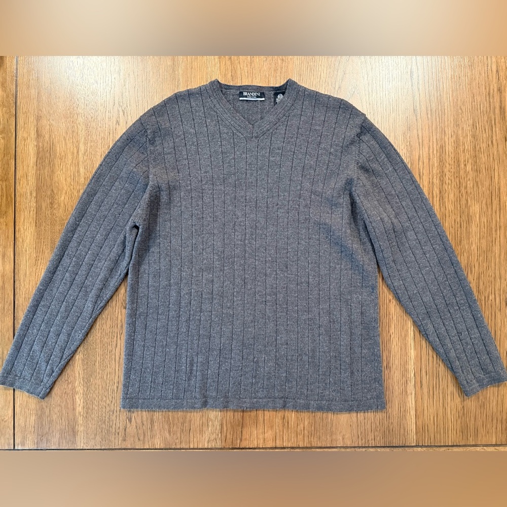 Brandini Italy Extra Fine  Merino Wool Sweater Mens Gray V Neck Preppy Size XL